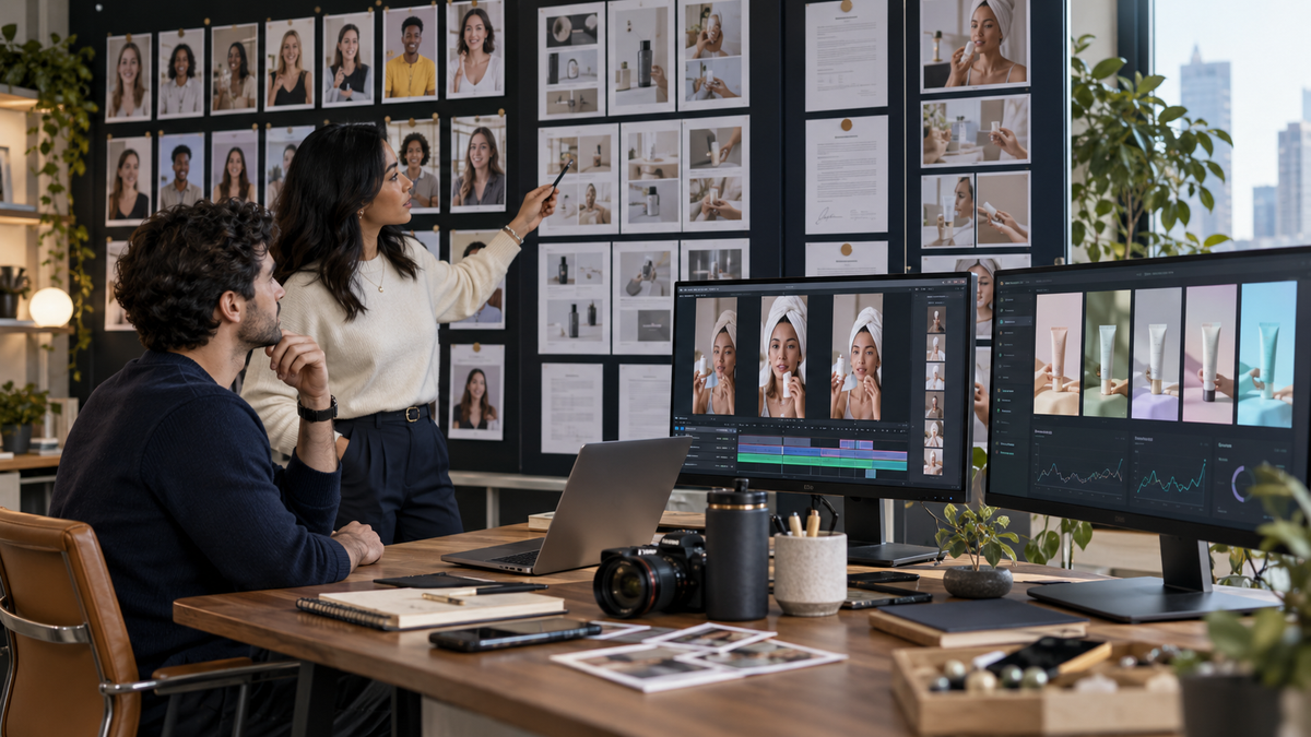 DTC creative team evaluating creator casting, concepts, usage rights and paid-ad performance
