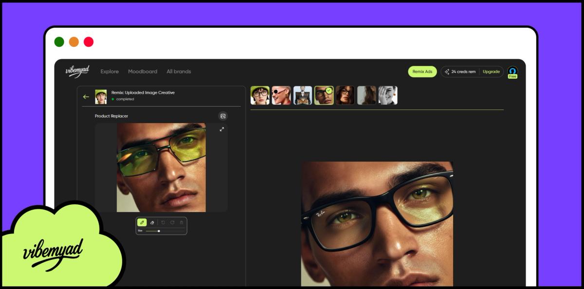 Screenshot of Vibemyad homepage showing AI-powered ad creation tools, remix button, and campaign analytics.