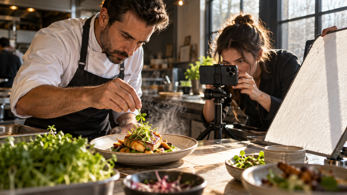 Chef and photographer creating a paid-social food image in a restaurant