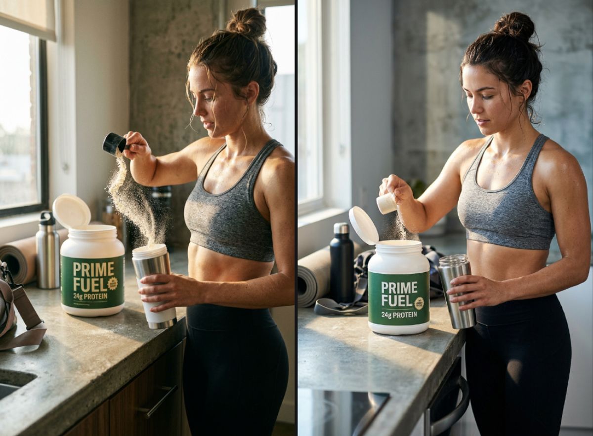 Recraft-generated lifestyle image of a woman using a protein powder, where the tub reads "Prime Fuel, 24g Protein," an invented brand that does not match the real reference pack.