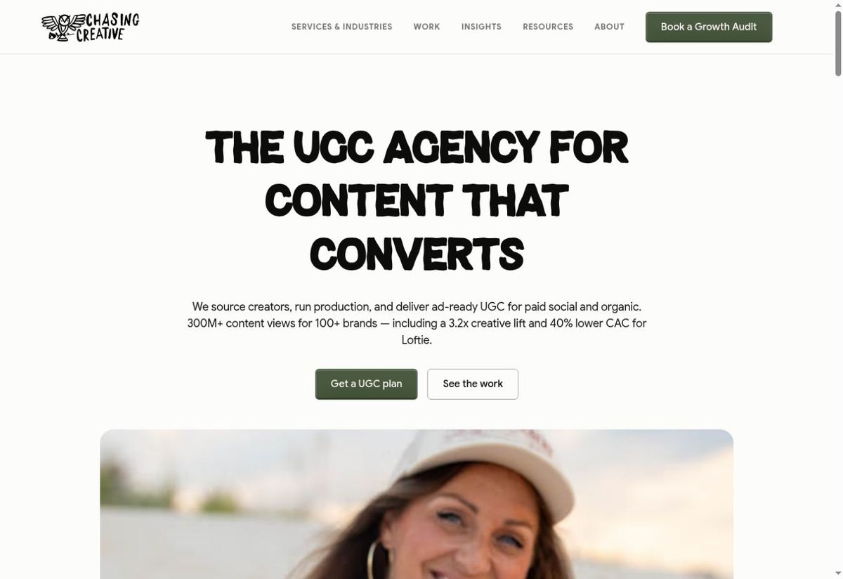 Screenshot of the Chasing Creative UGC agency page