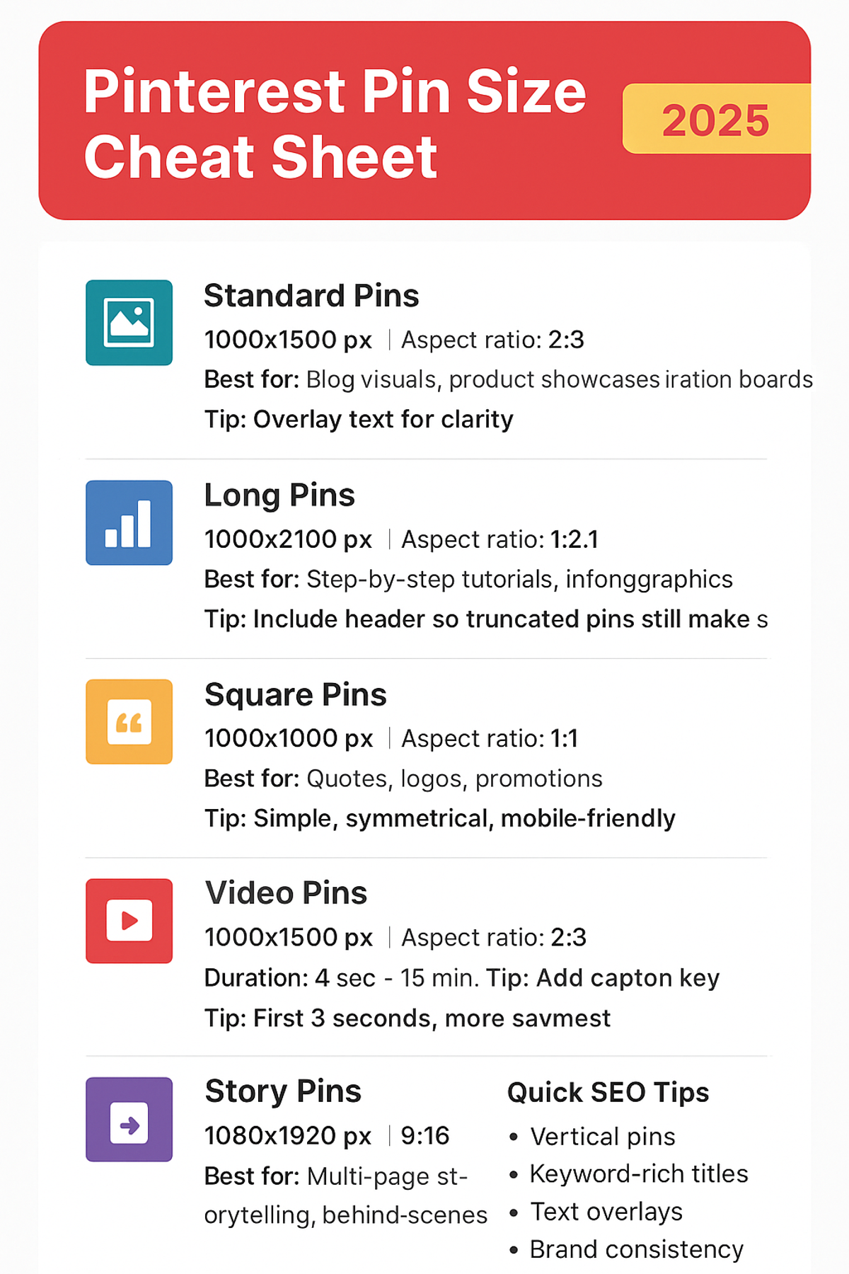 2025 Pinterest Pin Size Guide infographic listing ideal dimensions: standard (1000x1500), long (1000x2100), square (1000x1000), video (1000x1500), and story pins (1080x1920), with SEO tips for vertical pins, text overlays, and keyword titles.