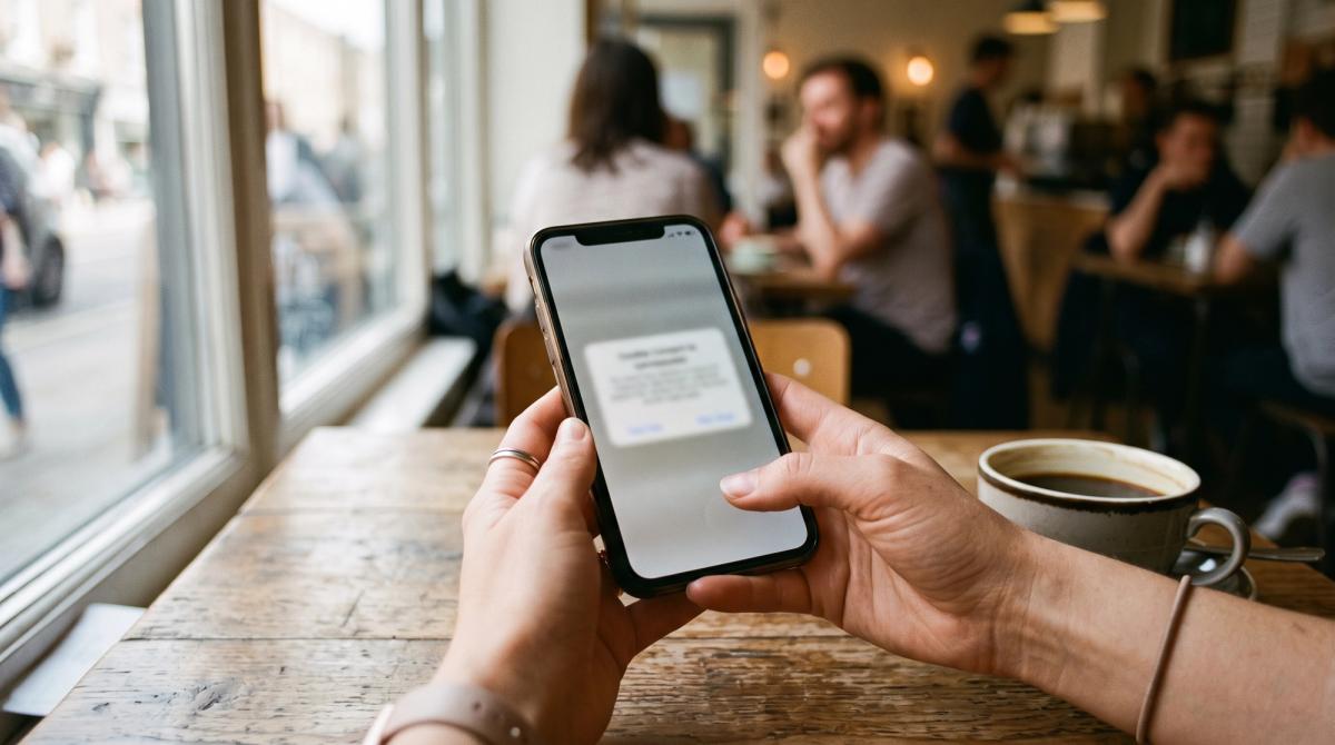 A customer in a cafe holding a phone showing a cookie consent dialog on a store page