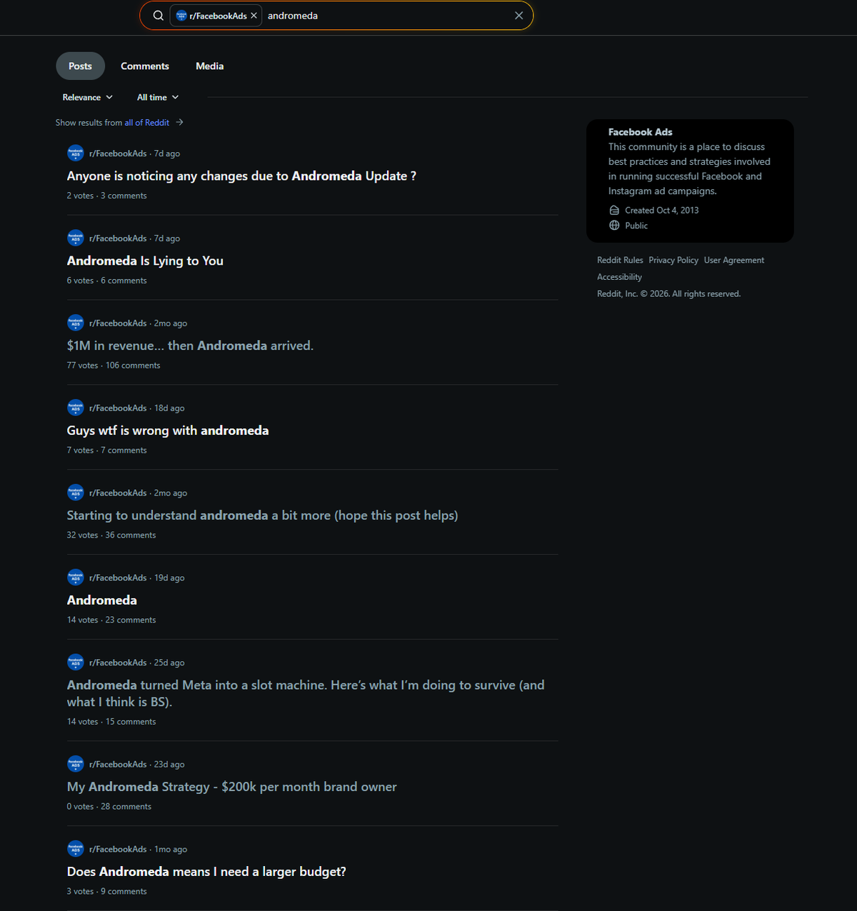 Over 12 posts discussing Andromeda failures on r/FacebookAds in just 2 months—showing how widespread the problem is