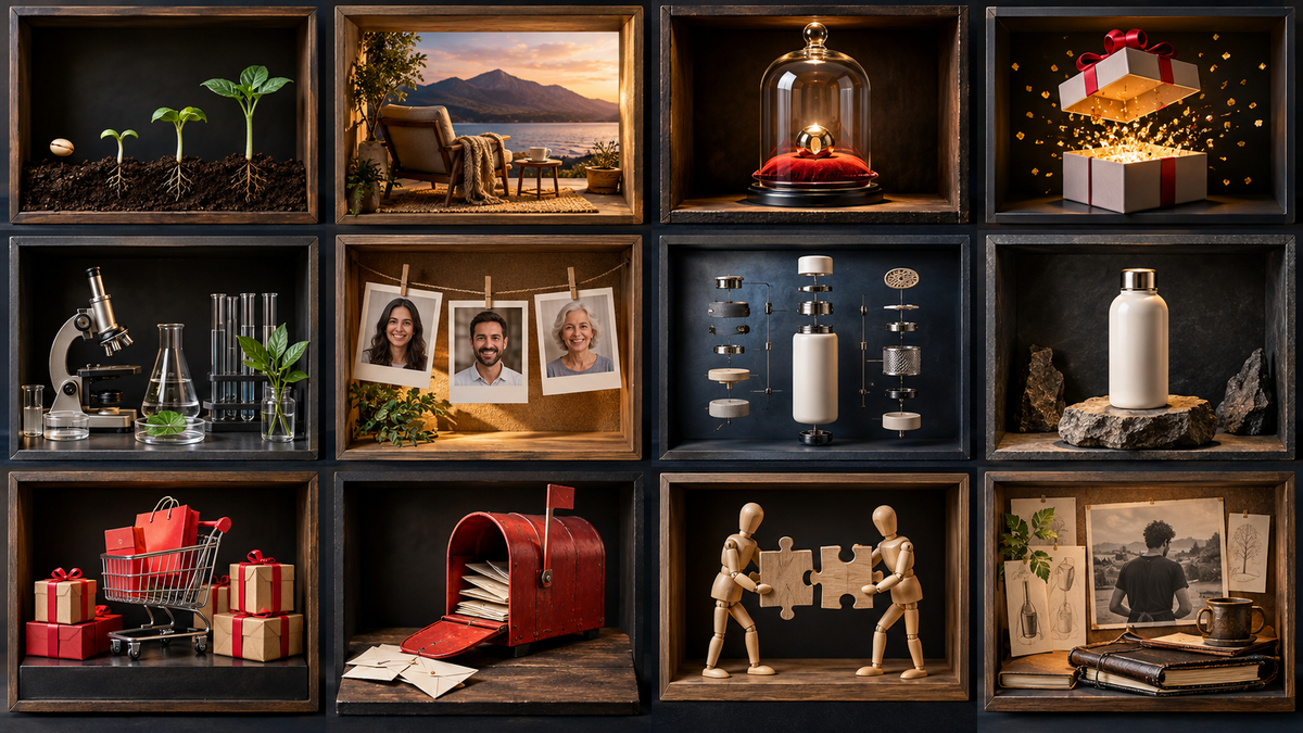 Twelve physical advertising structure models displayed as distinct specimens