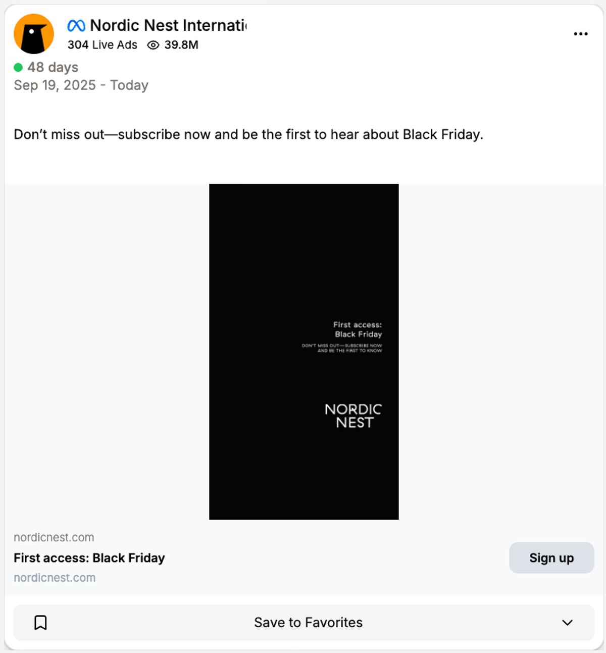 Nordic Nest ad preview inviting shoppers to subscribe for first access to Black Friday