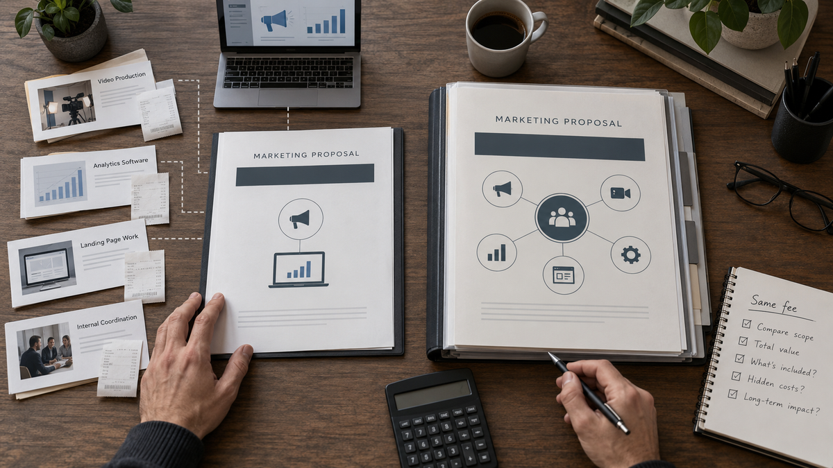Two marketing agency proposals with the same headline fee but different included services and internal workload