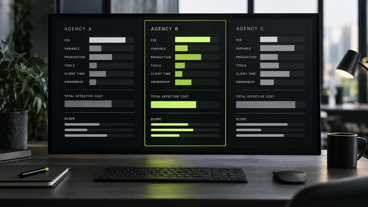 A proposal dashboard compares total effective cost, production, tools, client time, and ownership
