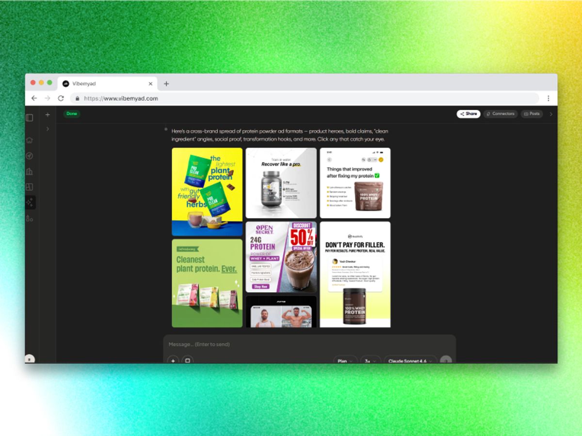 Research Mode in the Vibemyad Agent surfacing winning competitor reference ads for a plant-based snack brand category search