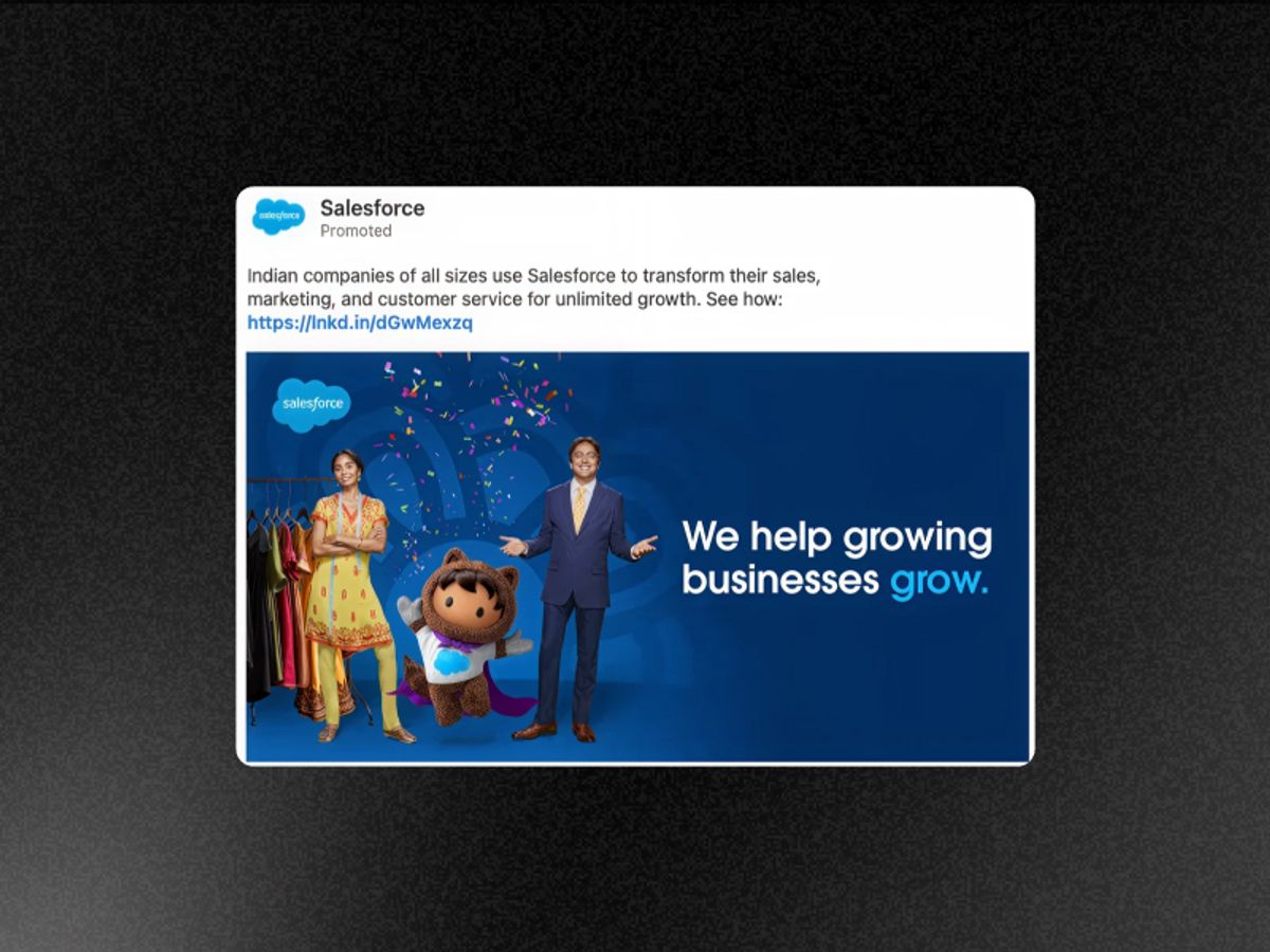 Salesforce LinkedIn single image — localized copy targeting Indian retail companies, regional specificity, customer outcome framing
