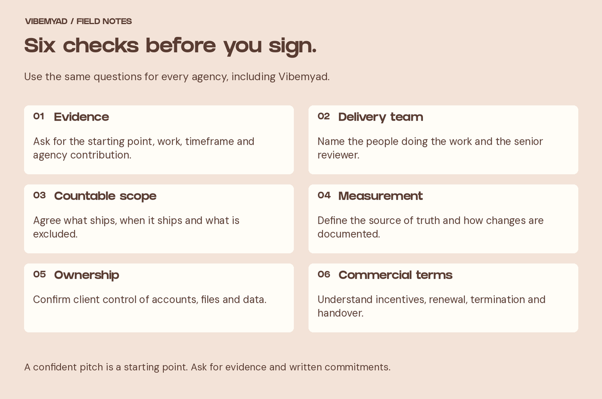 Agency vetting checklist: evidence, delivery team, scope, measurement, ownership and commercial terms.