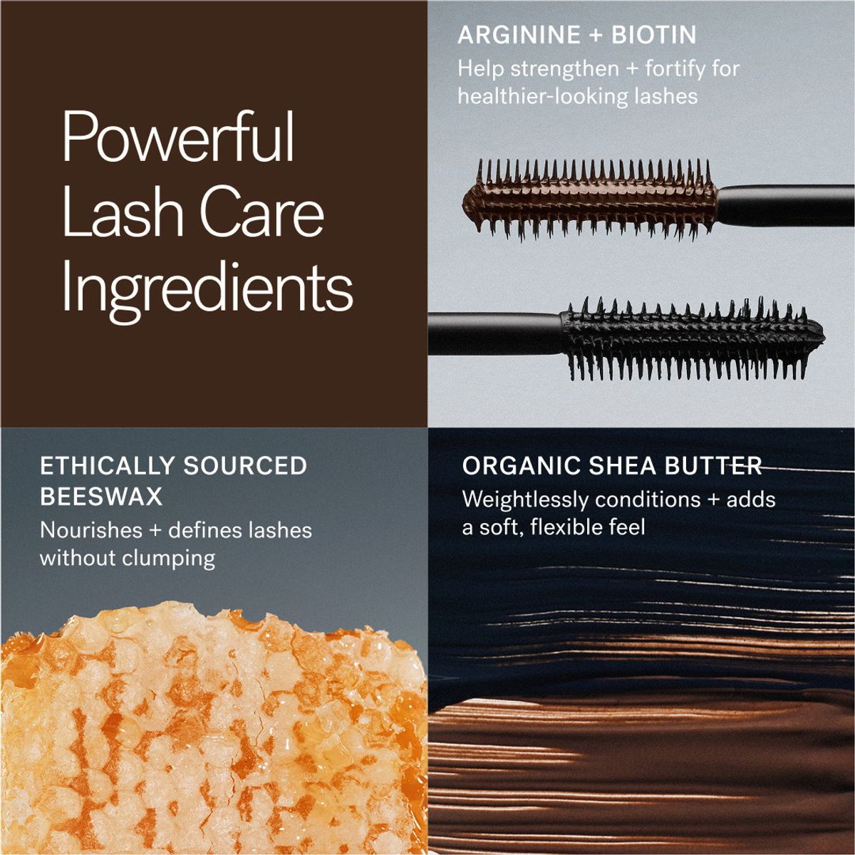 ILIA Beauty mascara ad explaining advertised ingredient benefits with close-up brush and ingredient imagery.