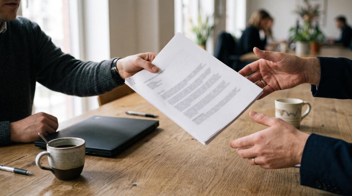 One person hands a stapled document across a meeting table to another person reaching to take it