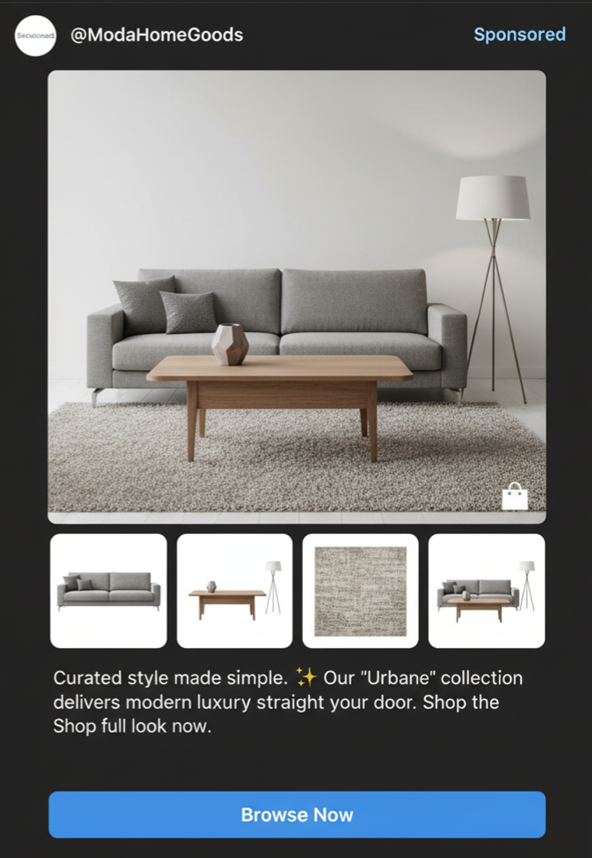 An Instagram Collection Ad from ModaHomeGoods showing a full modern living room setup in the main image, featuring a gray sofa, wood coffee table, and tripod lamp on a shaggy rug. Below, four smaller product thumbnails display the individual items for sale: the sofa, the coffee table/lamp combo, the rug pattern, and a combination shot. The ad promotes the 'Urbane' collection and includes a 'Browse Now' call-to-action, allowing users to shop the full look directly within Instagram.