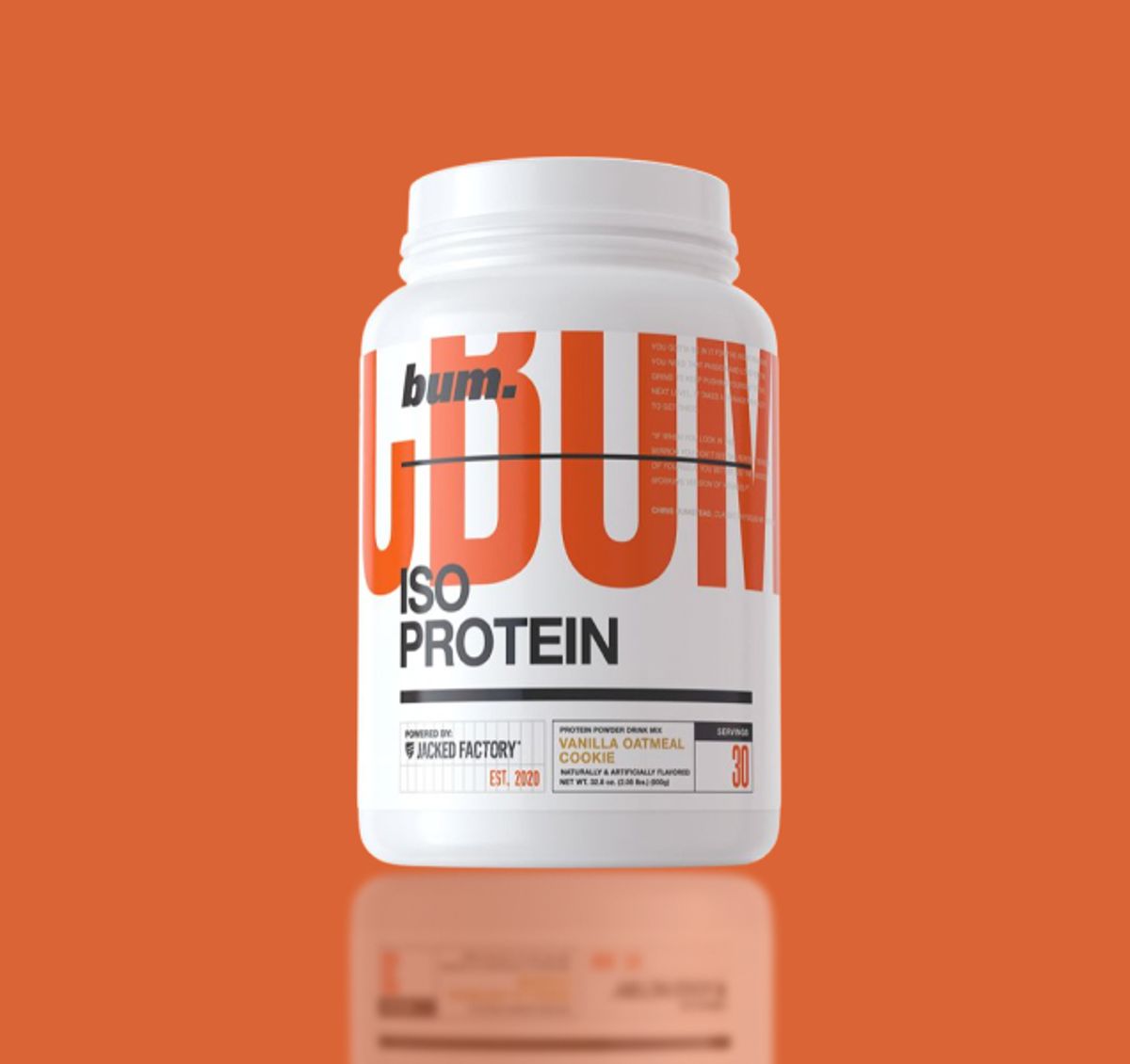 The real bum. ISO Protein powder tub, showing the brand name, ISO Protein, the Vanilla Oatmeal Cookie flavor, and a dense descriptor panel, used as the reference for the AI tool comparison.
