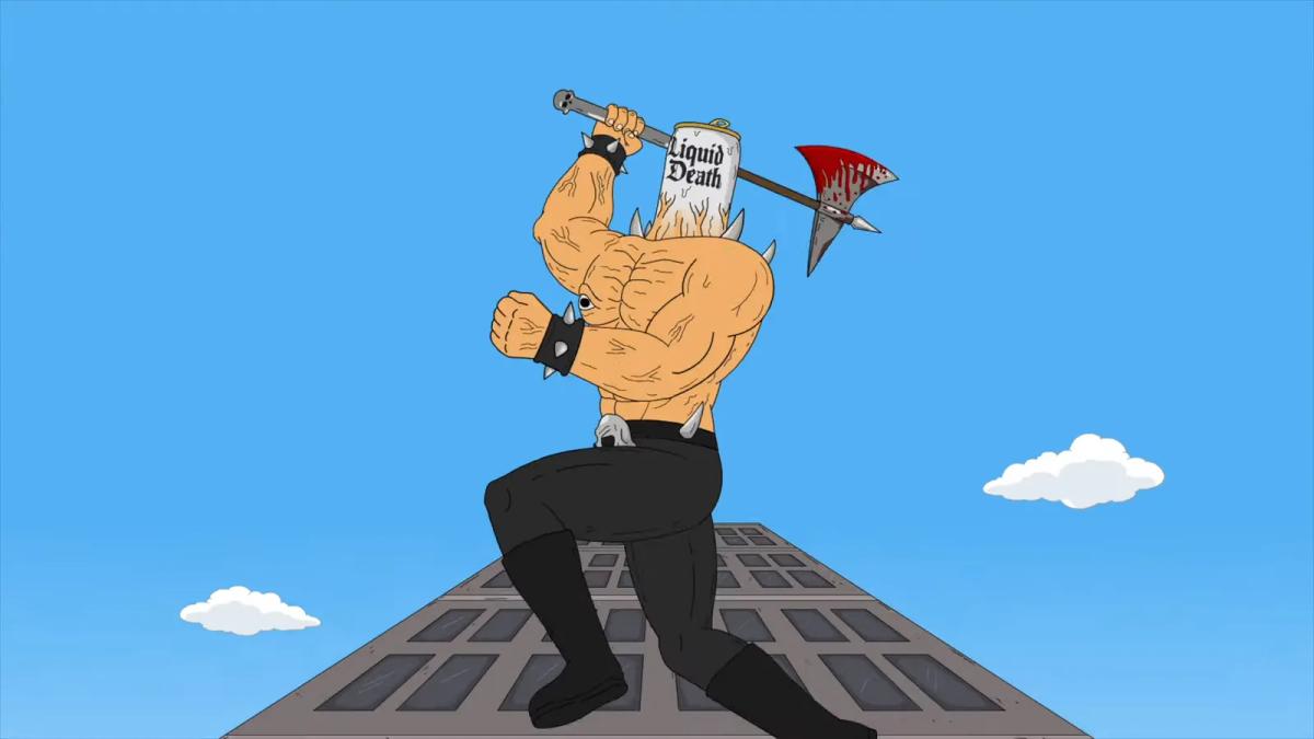 An ax-wielding cartoon mascot for Liquid Death Advertising. Since its founding in 2018, the beverage brand has worked to help consumers “murder” their thirst with irreverent, outré marketing. Retrieved from Liquid Death on August 01, 2024