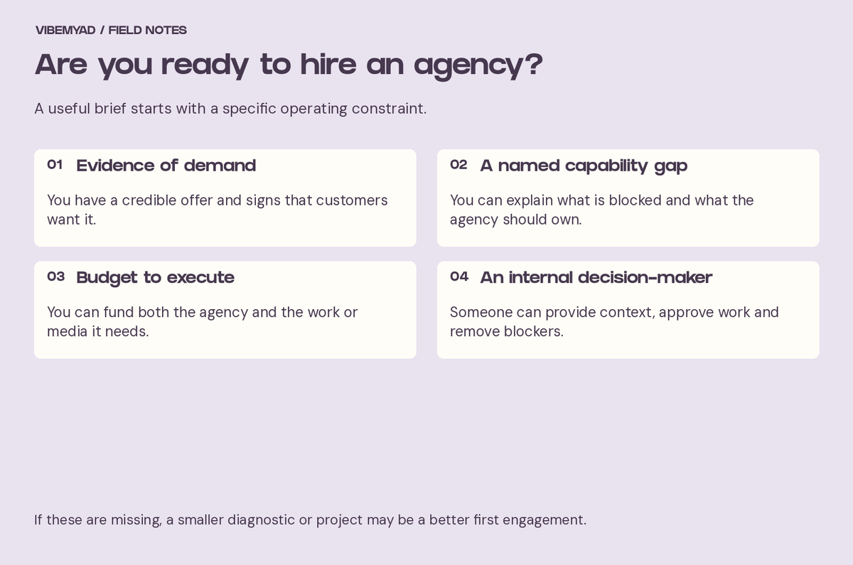 Agency readiness checklist: evidence of demand, a specific capability gap, execution budget and an internal decision-maker.