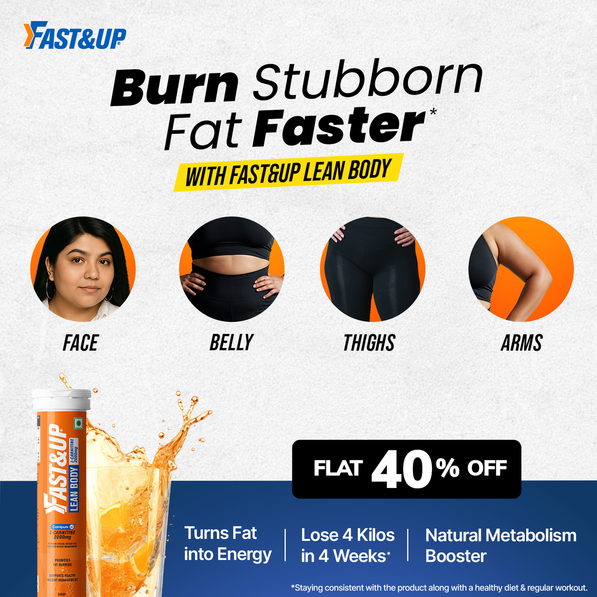 Fast & Up “Lose 4 Kilos in 4 Weeks” body-map infographic, the brand’s longest running ad