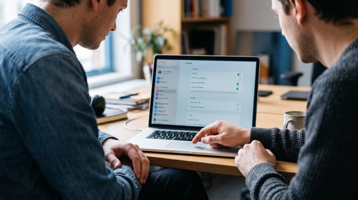 Two people at one laptop reviewing an account settings panel, one hovering over the trackpad while the other watches