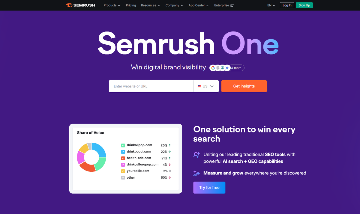 Semrush One homepage showcasing an all-in-one SEO and digital marketing platform, featuring website URL analysis, share of voice analytics dashboard, AI-powered search and GEO capabilities, and tools to improve online visibility, keyword rankings, and competitive research.