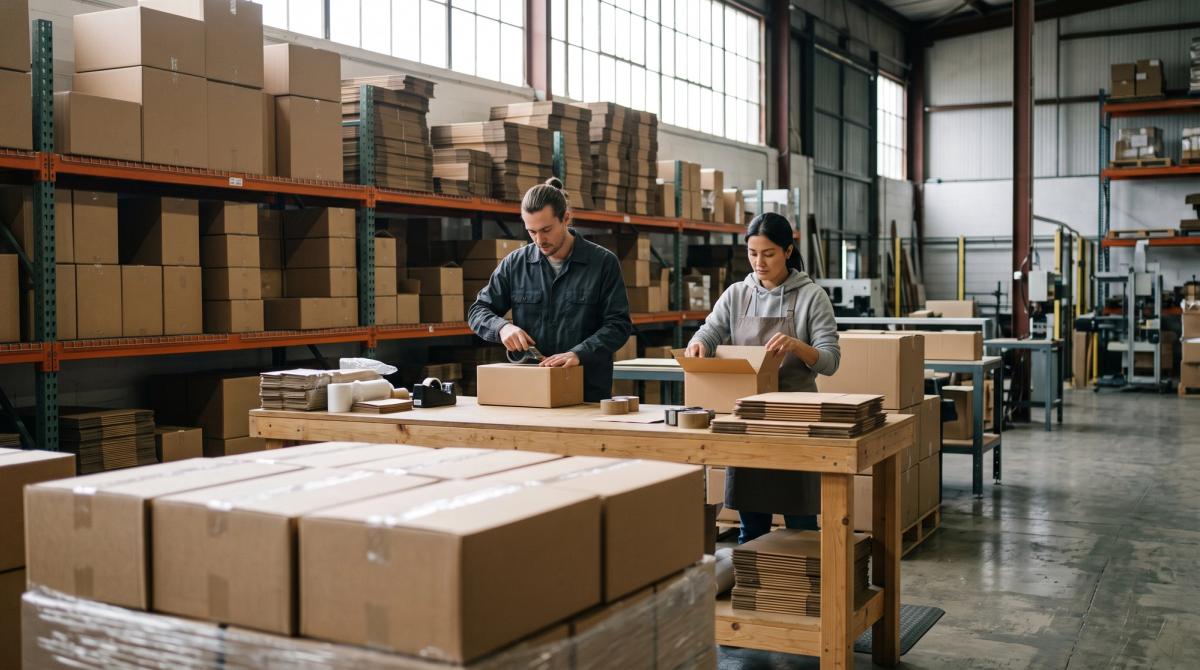 Two workers packing orders at a bench in an ecommerce fulfillment warehouse stacked with plain cartons