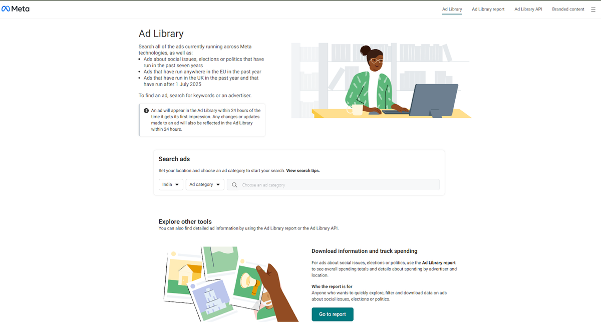 Meta Ad Library homepage showing search interface for Facebook and Instagram ads, with location set to India, ad category filter, and options to explore ad reports and APIs.