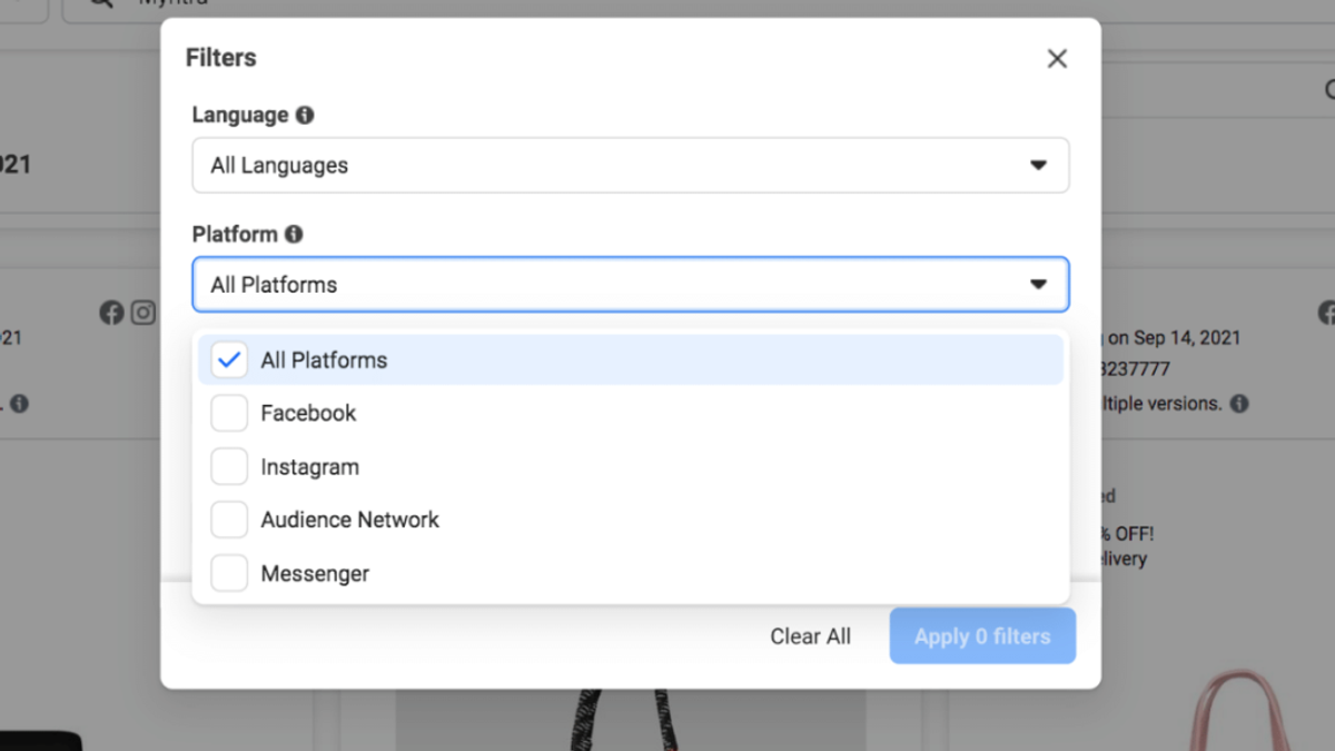 Platform filter options in the facebook ad library