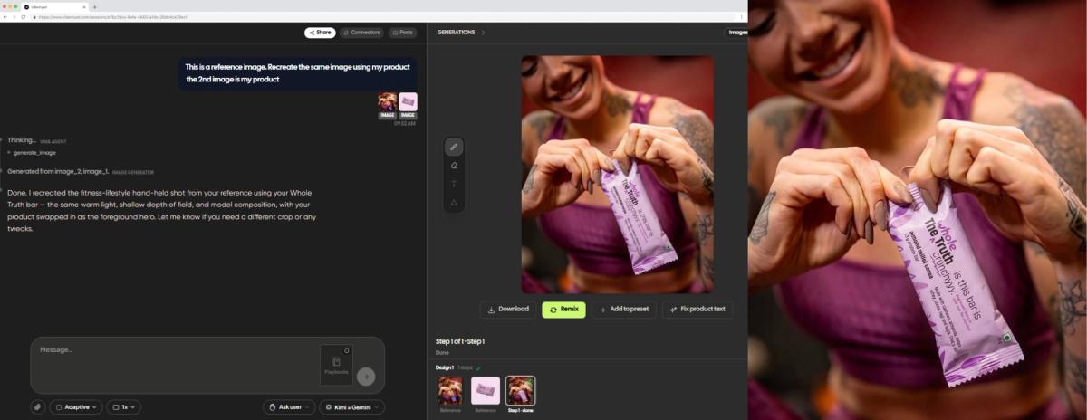Vibemyad Ad Gen interface showing a generated lifestyle image of a woman holding The Whole Truth almond millet cocoa protein bar, recreated from a reference image and the real product, with the wrapper text legible and a "Fix product text" button visible in the generation panel.