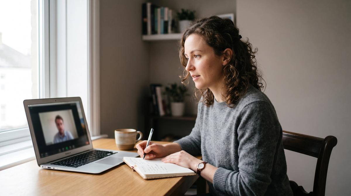 A person on a video call at a home desk taking notes from a written list of prepared questions