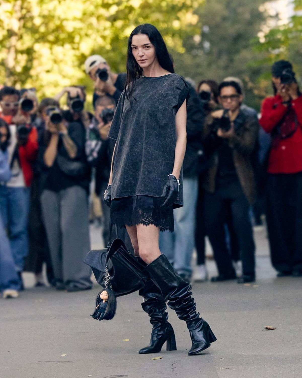 H&M dress and boots in a street scene