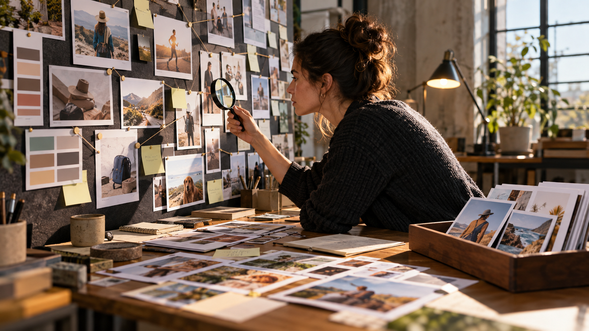 Analyst studying campaign evidence beside newly produced advertising assets
