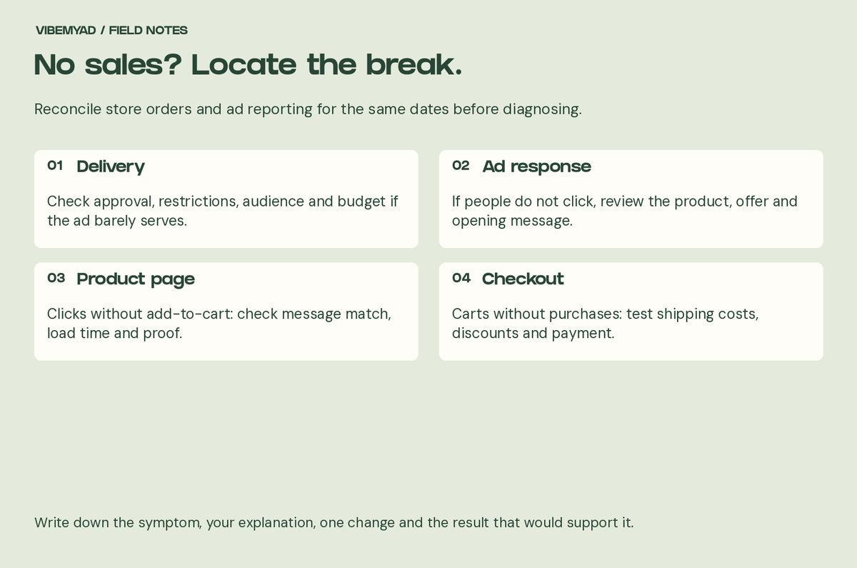Diagnose no sales by checking ad delivery, response, product-page alignment and checkout; reconcile orders first.
