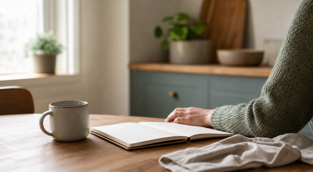 A quiet kitchen table with a blank notebook and a hand pausing beside a warm mug