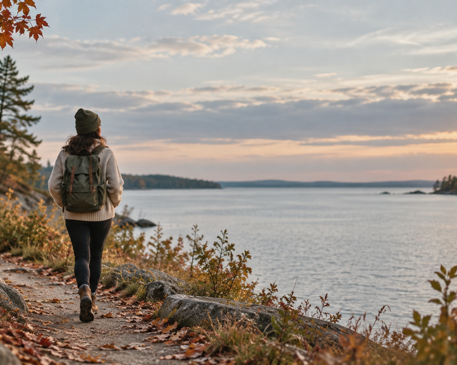 A person walking beside an Ontario lake on an early autumn path