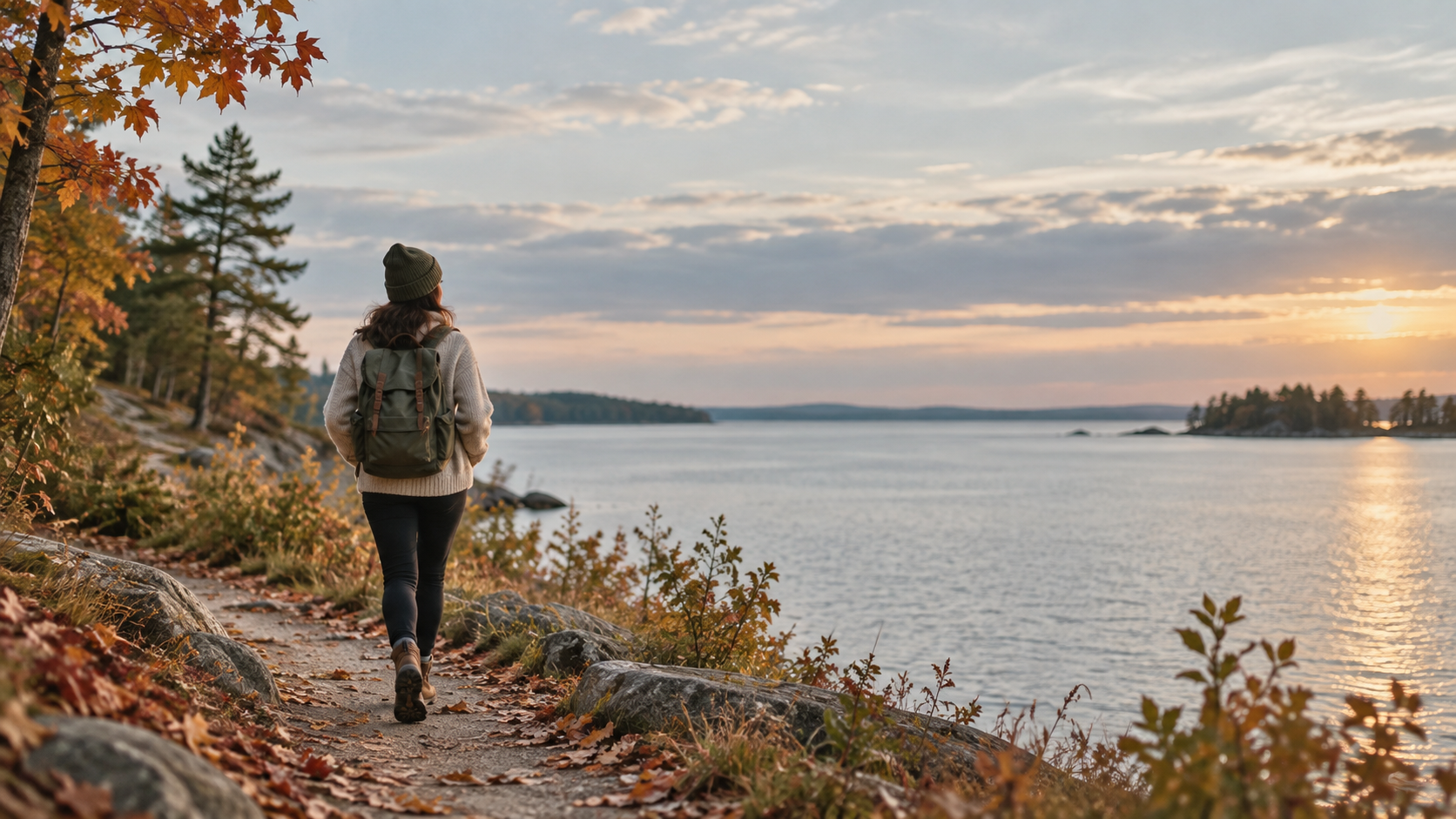 A person walking beside an Ontario lake on an early autumn path