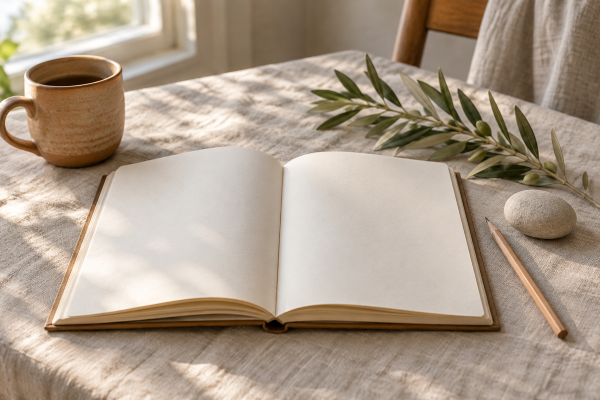 An open blank journal with a pencil, a smooth stone, and olive leaves on linen