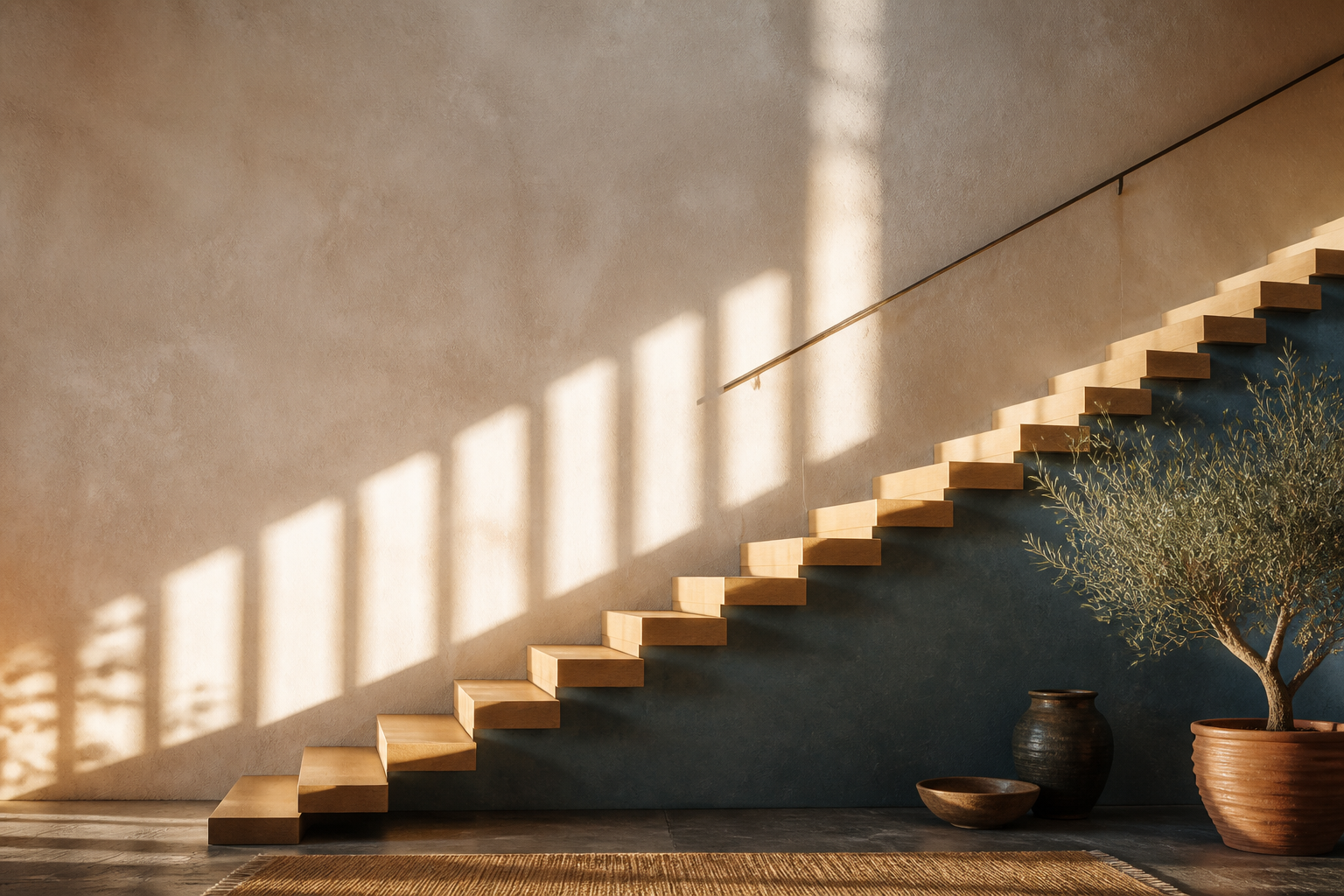 A sunlit staircase casting repeating shadows across a warm plaster wall