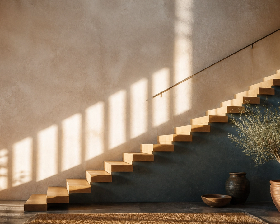 A sunlit staircase casting repeating shadows across a warm plaster wall