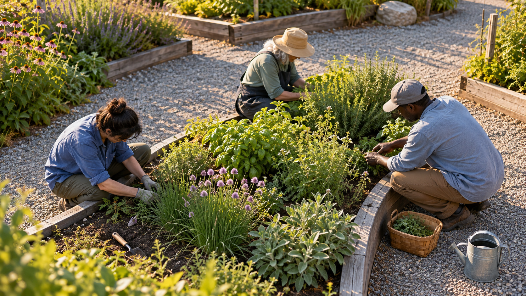 Three adults quietly tending a shared curved herb bed in a community garden
