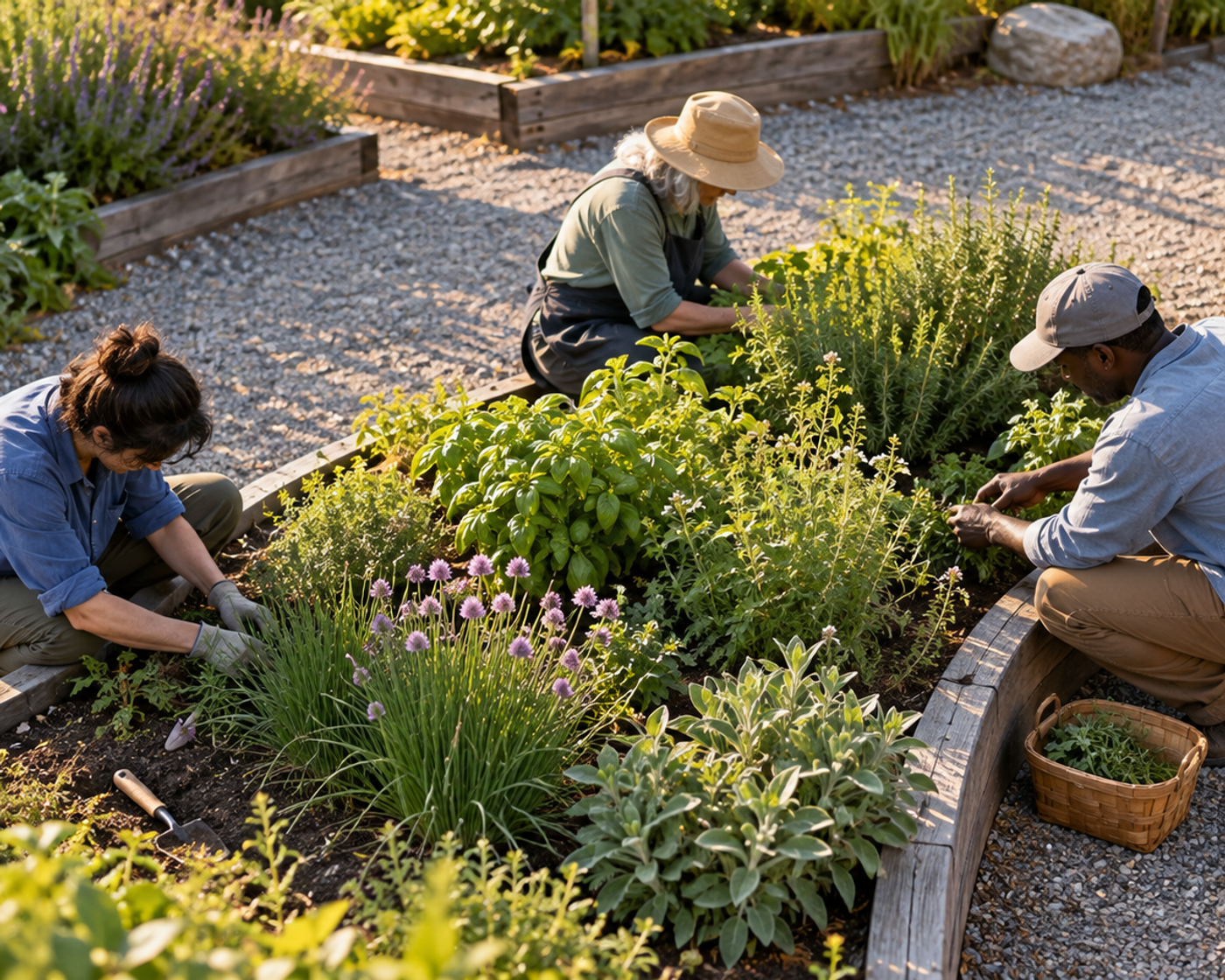 Three adults quietly tending a shared curved herb bed in a community garden
