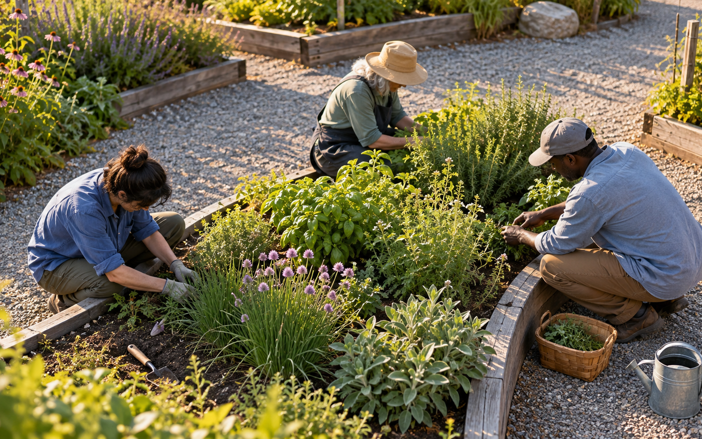 Three adults quietly tending a shared curved herb bed in a community garden