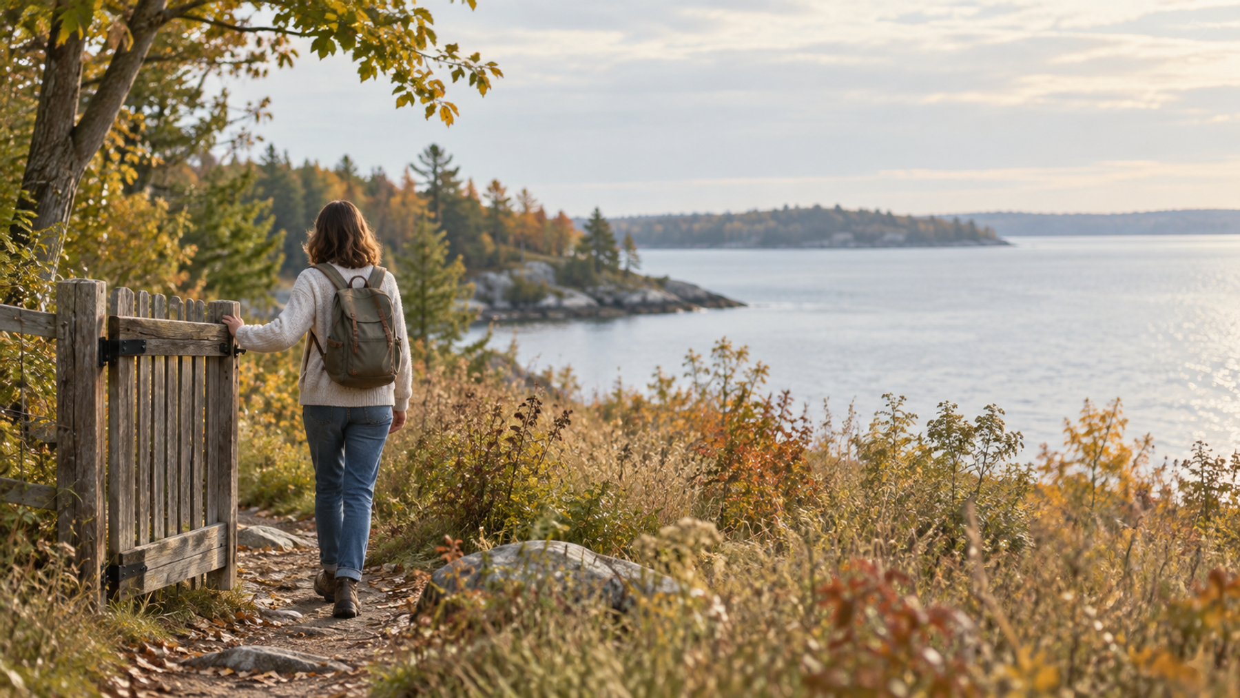 A person closing a wooden gate while walking along an autumn lakeside trail