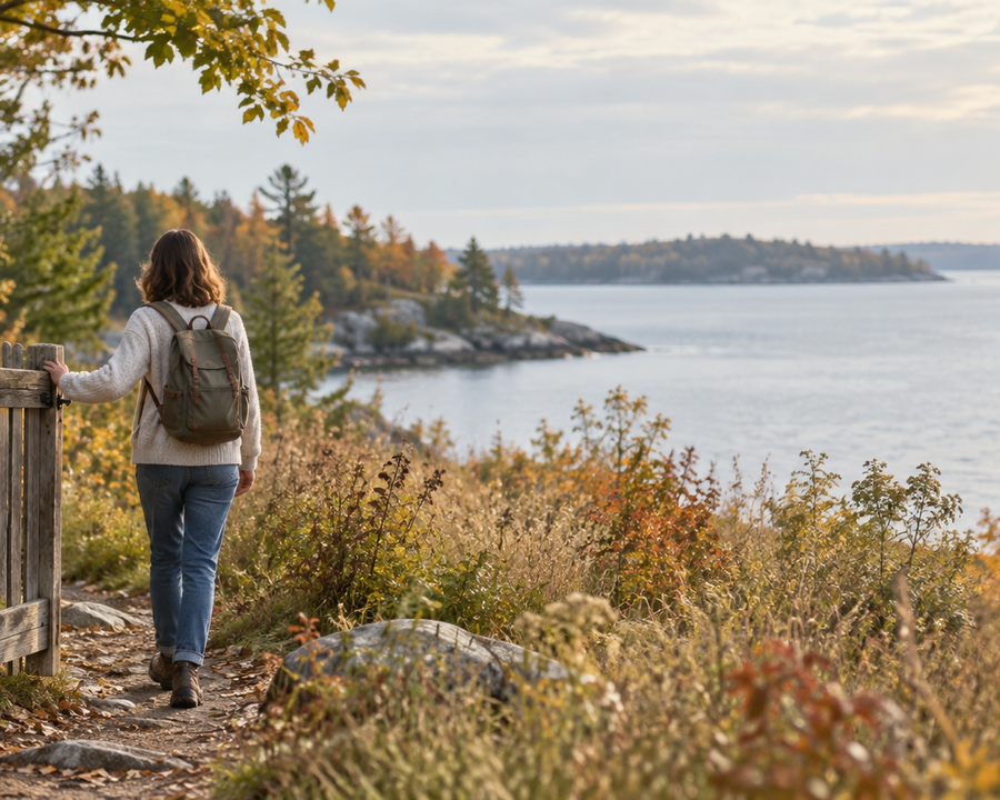 A person closing a wooden gate while walking along an autumn lakeside trail