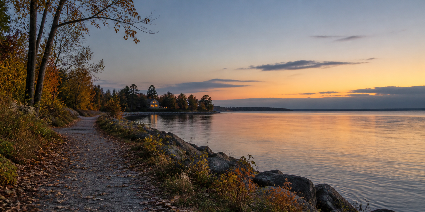 An Ontario lakeshore path at dusk with autumn leaves and warm light on the horizon