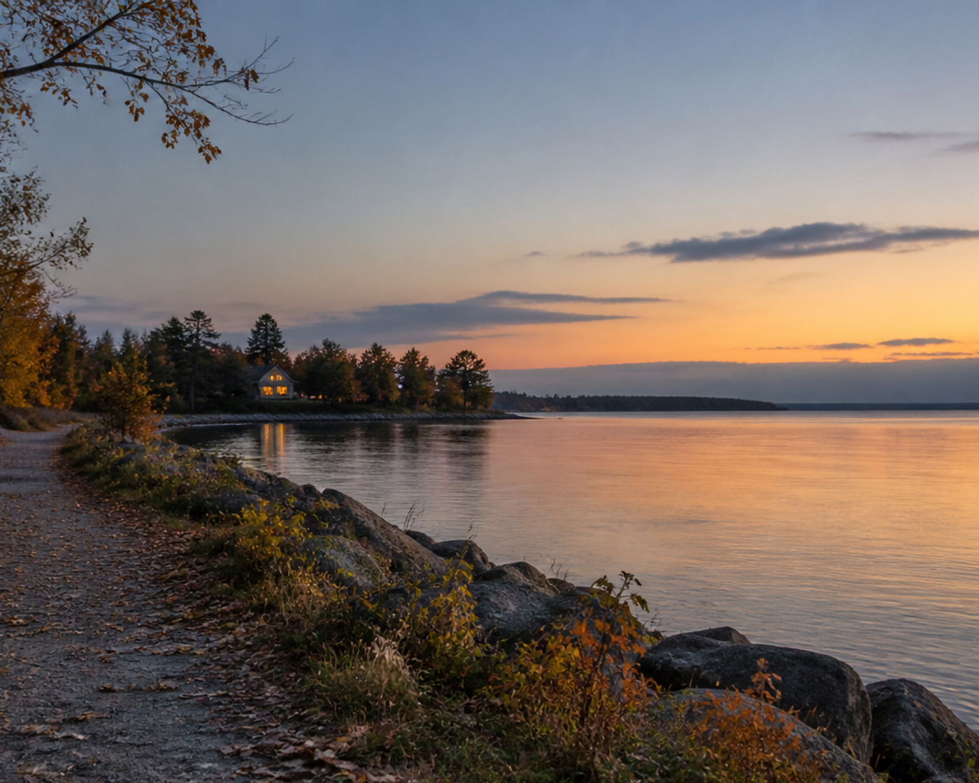 An Ontario lakeshore path at dusk with autumn leaves and warm light on the horizon