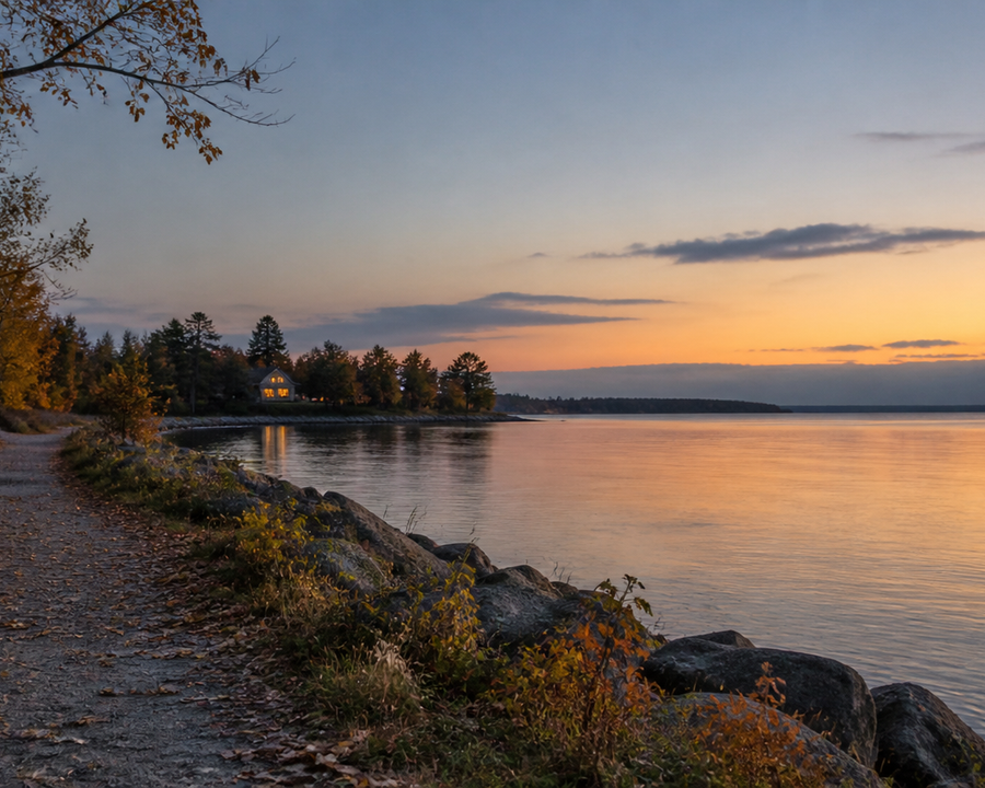 An Ontario lakeshore path at dusk with autumn leaves and warm light on the horizon
