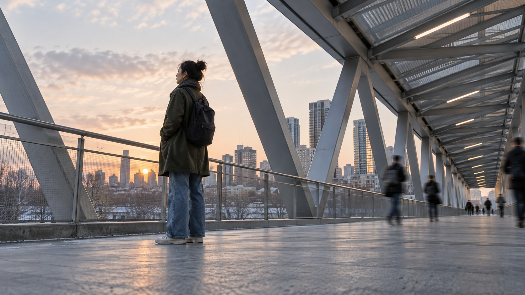 One person standing still on an urban footbridge as commuters move past