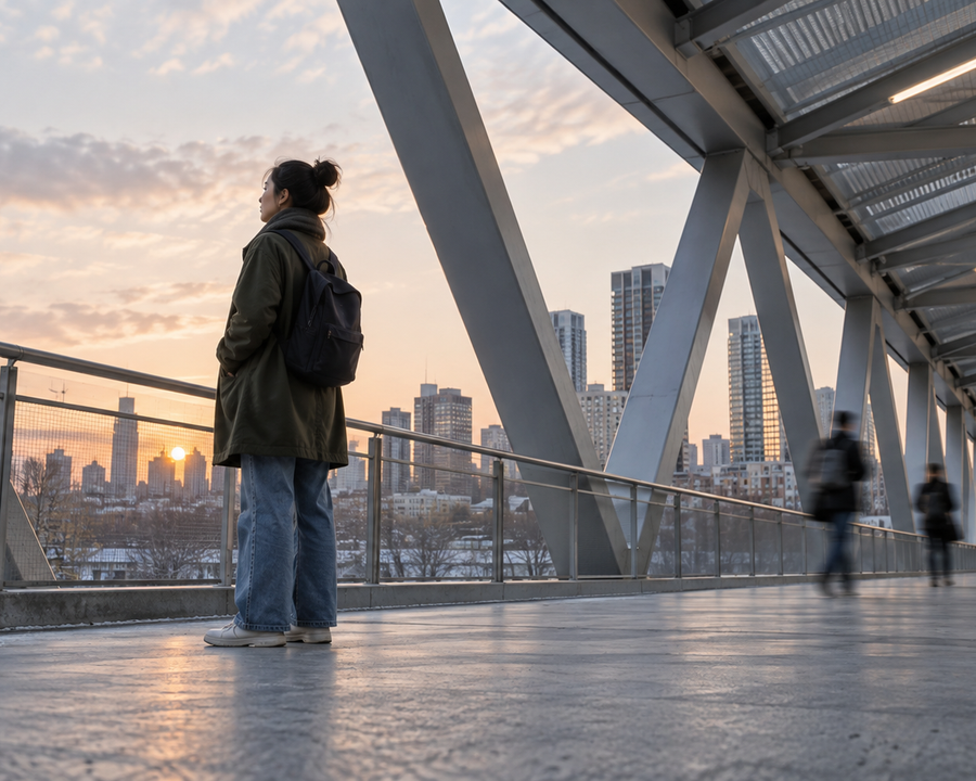 One person standing still on an urban footbridge as commuters move past