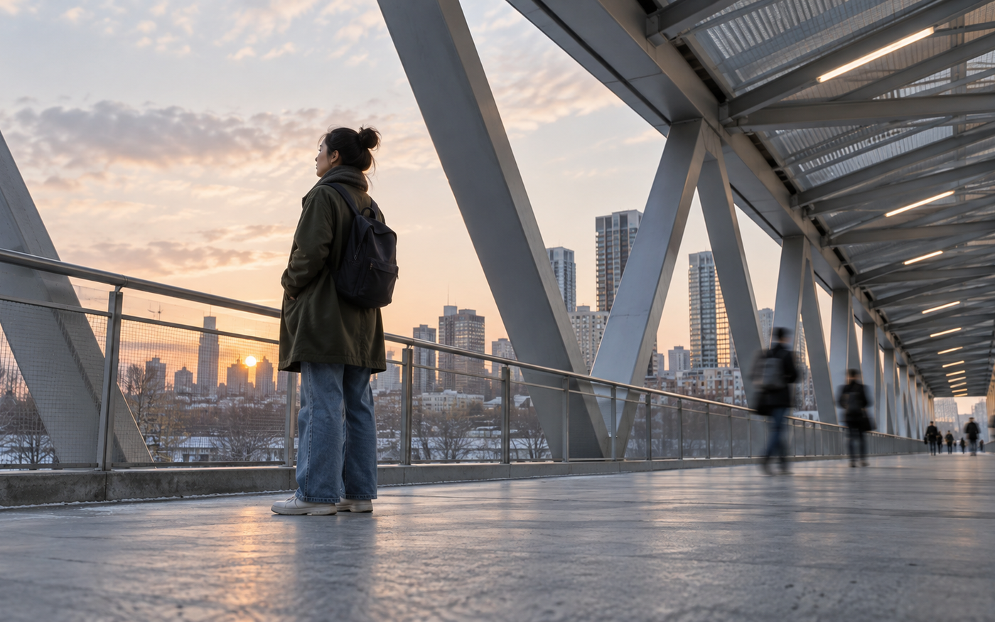 One person standing still on an urban footbridge as commuters move past