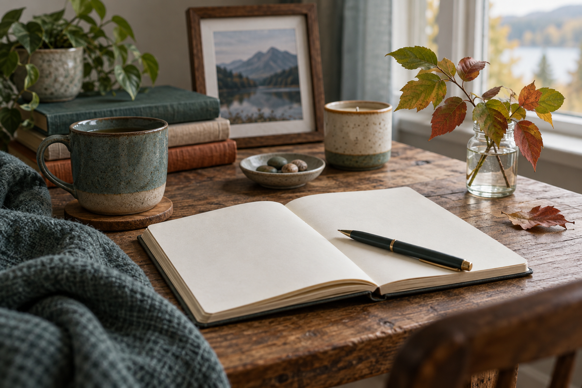 An open blank journal beside autumn leaves and meaningful objects